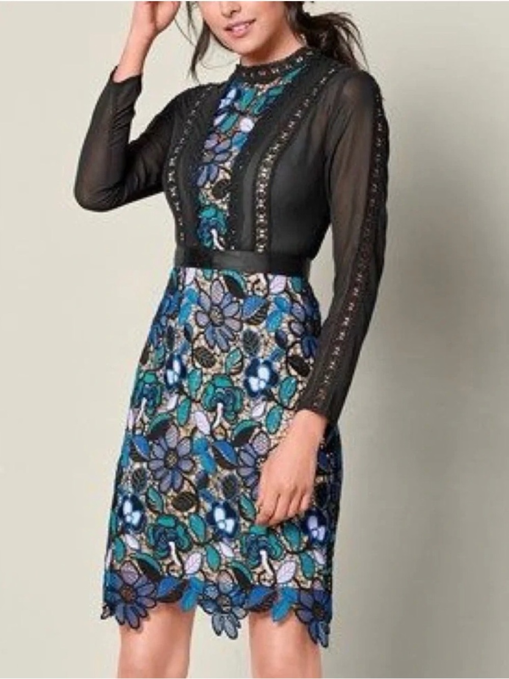 VENUS Floral Lace Sheath Dress with Black Mesh Long Sleeves - Teal/Blue